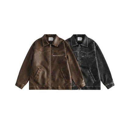 Answer me国潮アメリカのレトロな水洗いは古いpuの皮の服の機関車のコートの男女の襟のジャケットのw381をします。 5