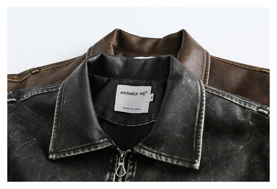 Answer me国潮アメリカのレトロな水洗いは古いpuの皮の服の機関車のコートの男女の襟のジャケットのw381をします。 7