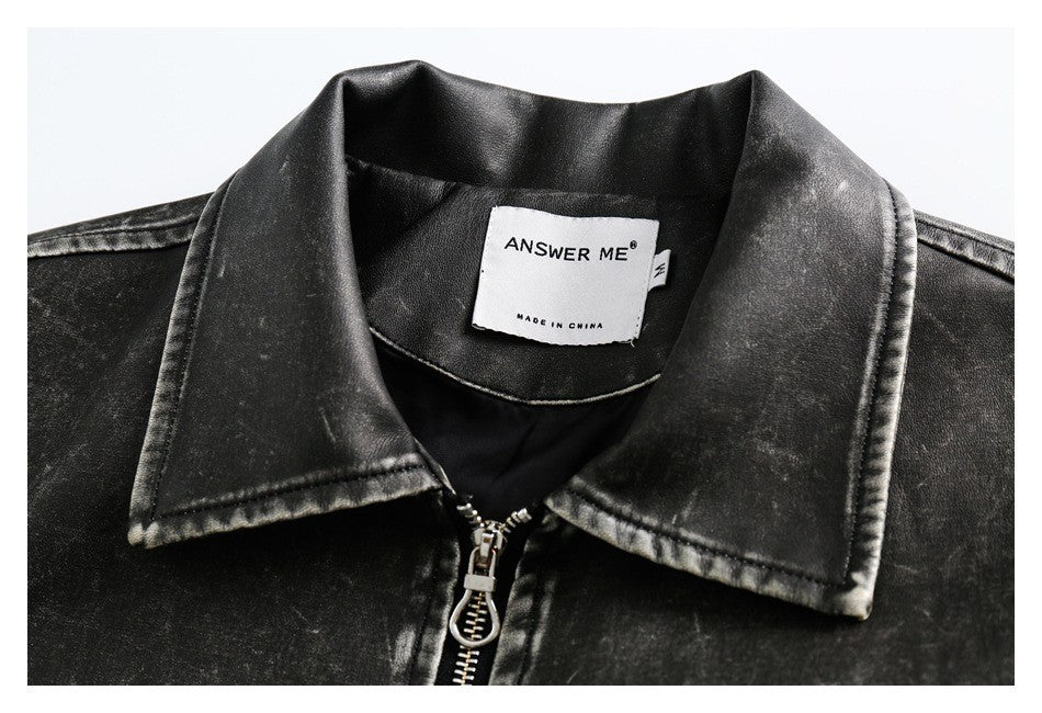 Answer me国潮アメリカのレトロな水洗いは古いpuの皮の服の機関車のコートの男女の襟のジャケットのw381をします。 8