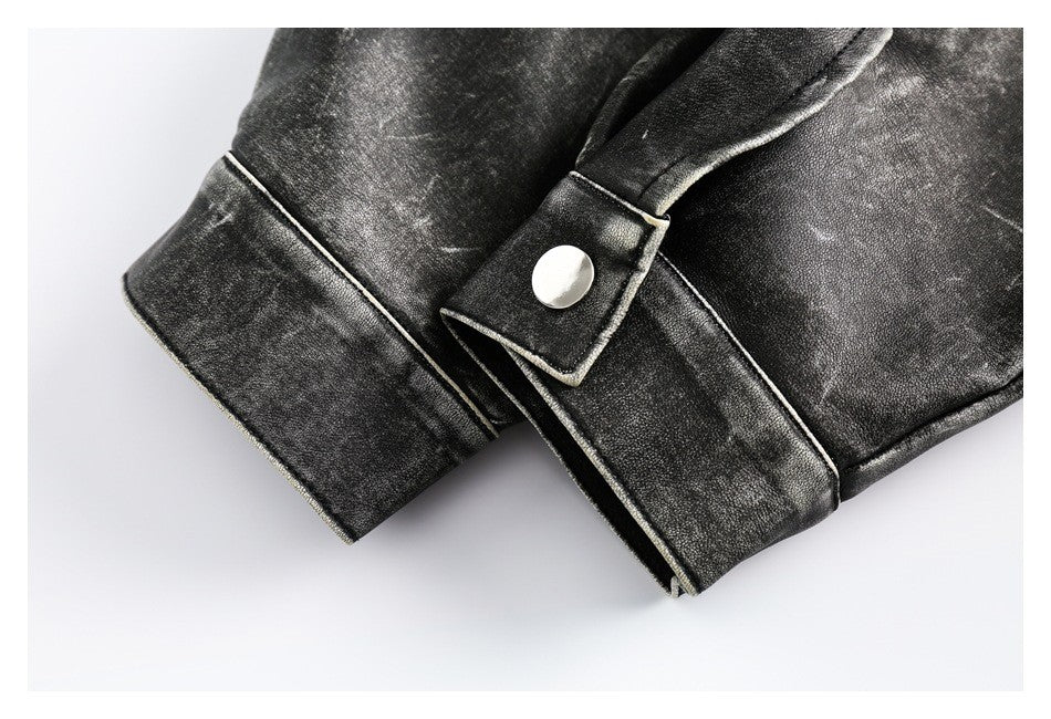 Answer me国潮アメリカのレトロな水洗いは古いpuの皮の服の機関車のコートの男女の襟のジャケットのw381をします。 9