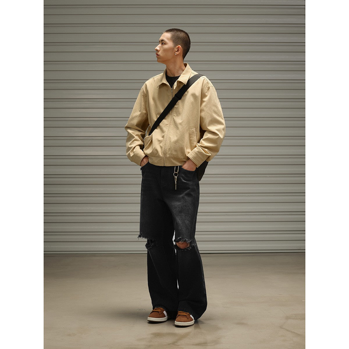 OUSWE レトロ ストリート カーゴパンツ RW100 カーキ 着用画像 3