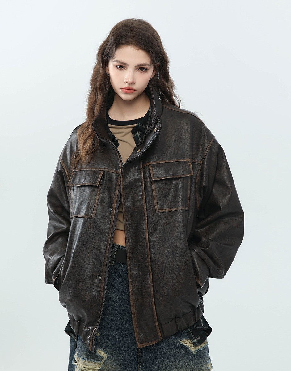 SpaceHunterアメリカのレトロな機関車の皮の服のゆったりした立襟のpu皮のジャケットの男女の同じタイプのコートのJ033 1