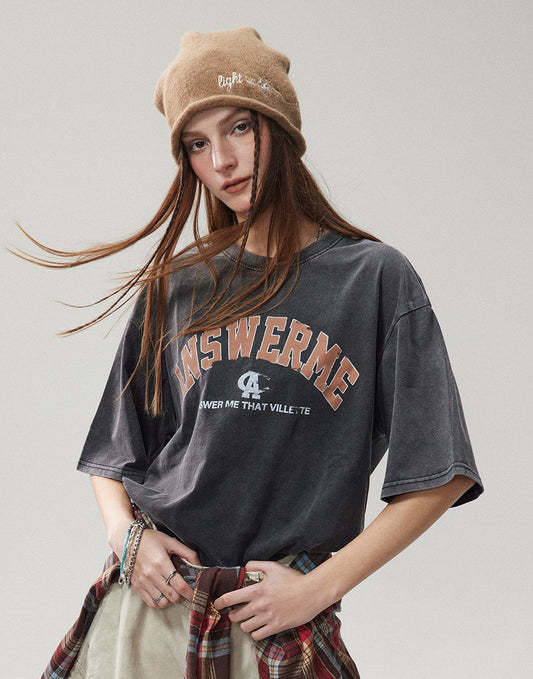 ANSWER ME レトロカレッジトレンドブランド半袖Tシャツメンズ&レディースラウンドネックトレンドプリントコットンTシャツ T223 1