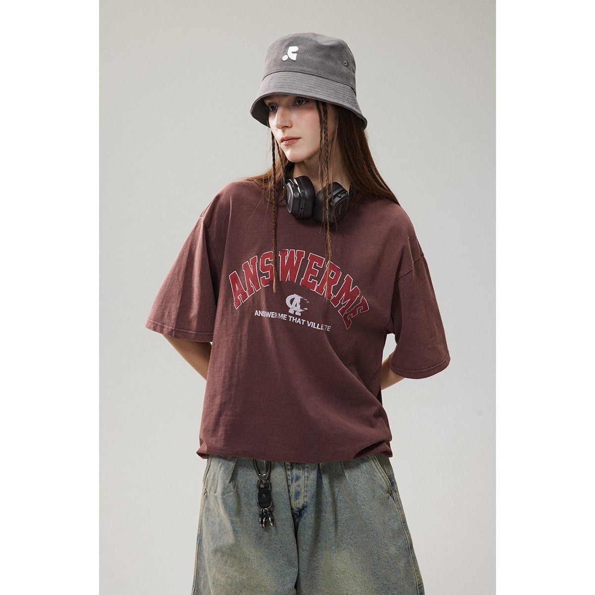 ANSWER ME レトロカレッジトレンドブランド半袖Tシャツメンズ&レディースラウンドネックトレンドプリントコットンTシャツ T223 4