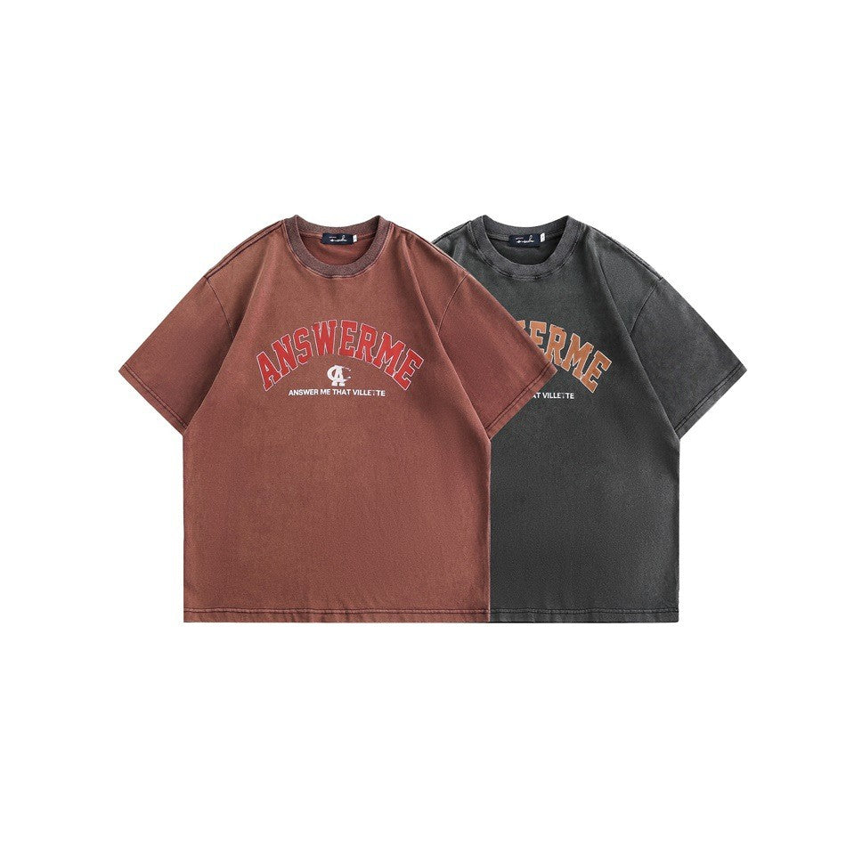 ANSWER ME レトロカレッジトレンドブランド半袖Tシャツメンズ&レディースラウンドネックトレンドプリントコットンTシャツ T223 5
