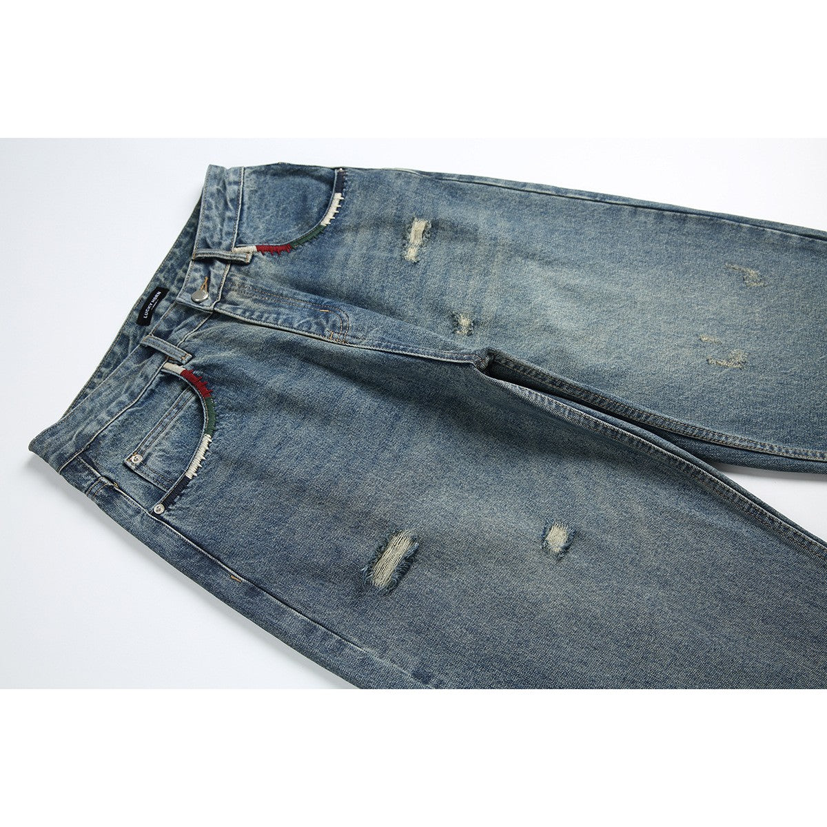 LUCKY HORN ウォッシュ レトロ デニムパンツ K950 ブルー 着用画像 2