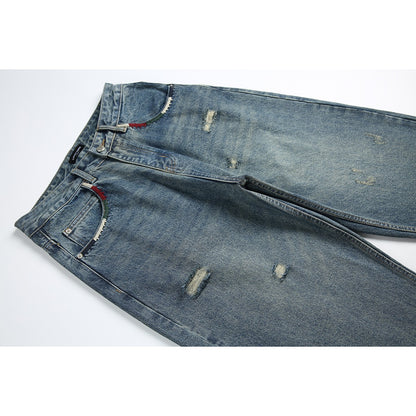 LUCKY HORN ウォッシュ レトロ デニムパンツ K950 ブルー 着用画像 2