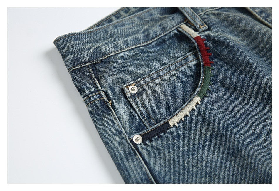 LUCKY HORN ウォッシュ レトロ デニムパンツ K950 ブルー 着用画像 6