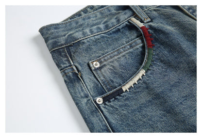 LUCKY HORN ウォッシュ レトロ デニムパンツ K950 ブルー 着用画像 6