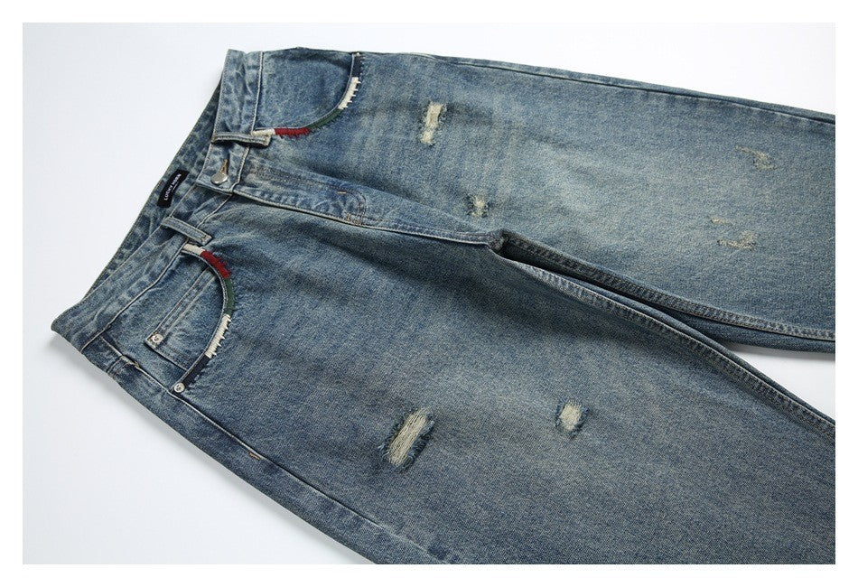 LUCKY HORN ウォッシュ レトロ デニムパンツ K950 ブルー ディテール画像 8