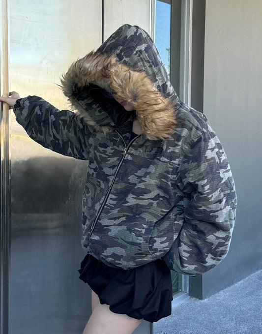 TaelePlus街頭レトロ迷彩冬トレンド毛襟フード付きコートパン服男女綿服tp767 1